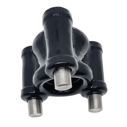 The Oxballs Heavy Squeeze Ballstretcher, by Oxballs, showcases a robust and industrial design with a shiny black finish, featuring three cylindrical metal pins. It boasts a perfectly balanced and symmetrical layout with a smooth surface.