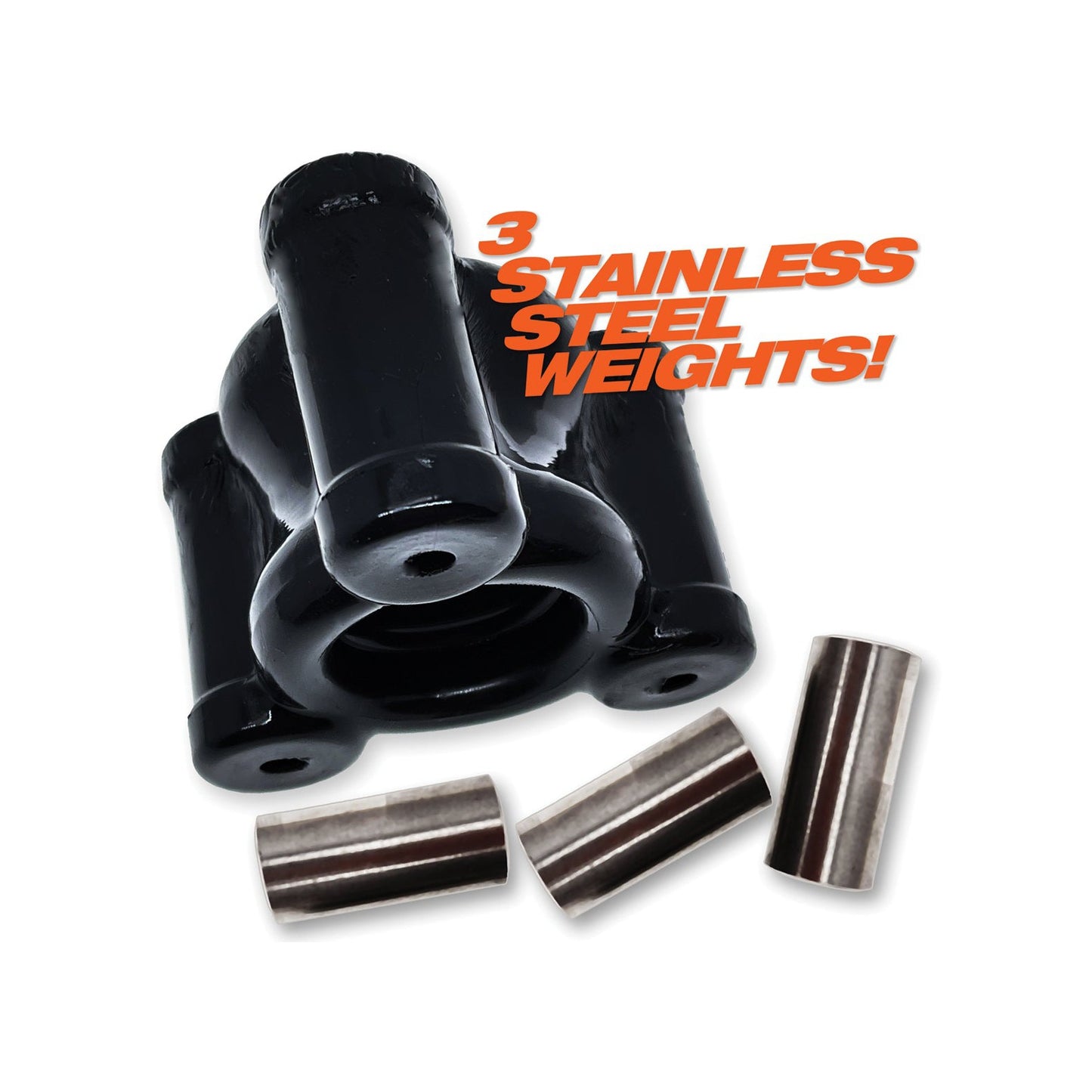 The Oxballs Heavy Squeeze Ballstretcher features three shiny stainless steel weights for a perfectly balanced design, with 3 Stainless Steel Weights! in bold orange above the product.