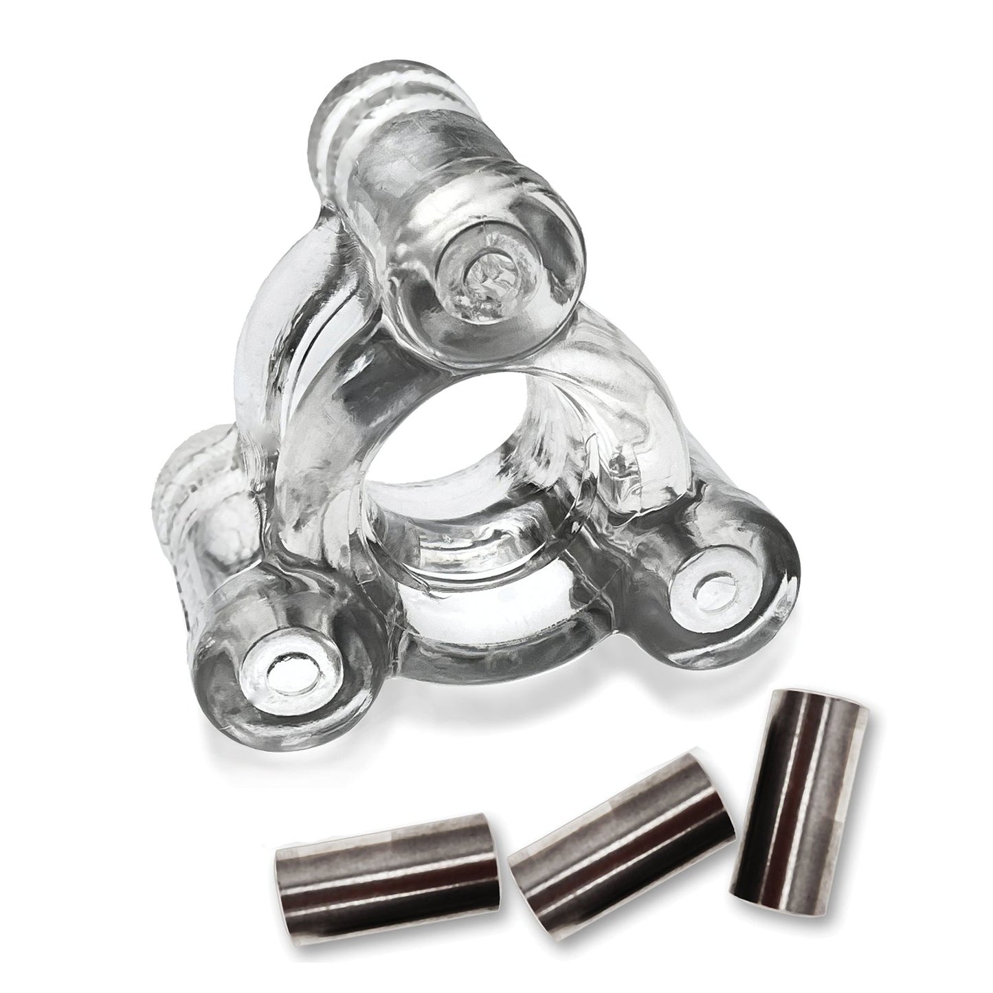 A clear glass adapter, with a balanced design of three cylindrical arms forming a triangle, is complemented by Oxballs Heavy Squeeze Ballstretchers stainless steel weights underneath.