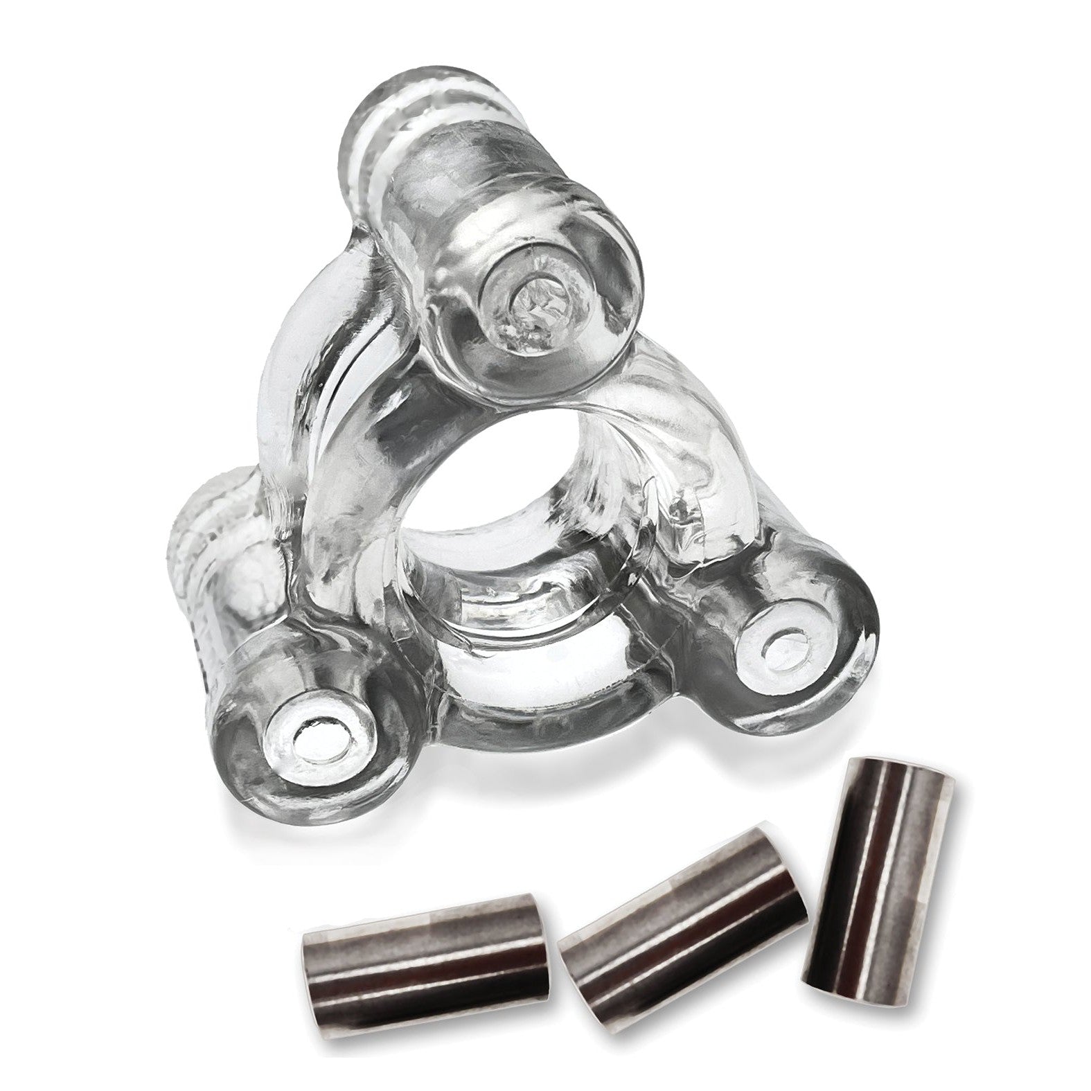 A clear glass adapter, with a balanced design of three cylindrical arms forming a triangle, is complemented by Oxballs Heavy Squeeze Ballstretchers stainless steel weights underneath.