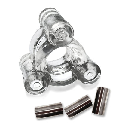 A clear glass adapter, with a balanced design of three cylindrical arms forming a triangle, is complemented by Oxballs Heavy Squeeze Ballstretchers stainless steel weights underneath.