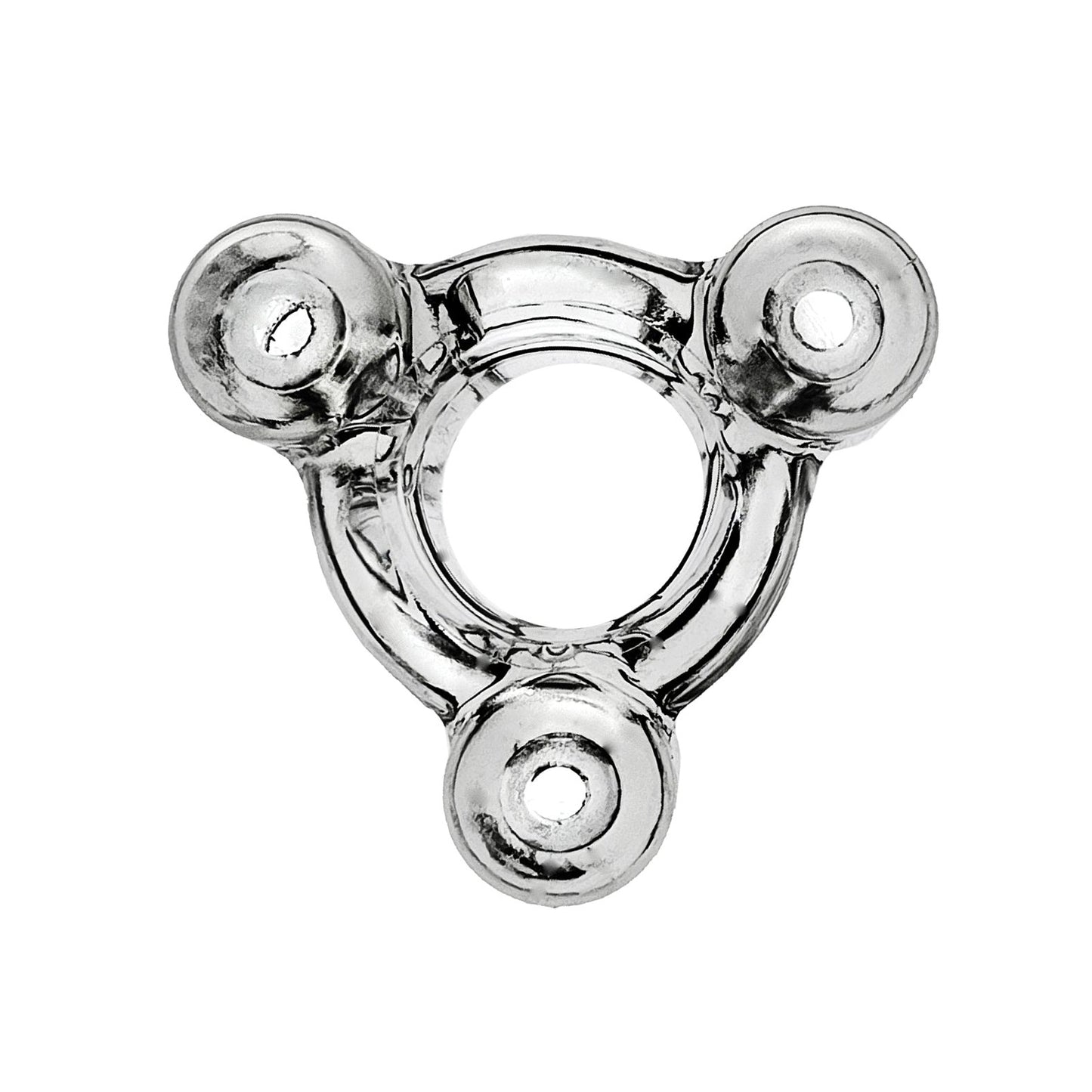 The Oxballs Heavy Squeeze Ballstretcher by Oxballs is a transparent triangular glass piece with a circular hole in the center and three rounded protrusions at each corner, reminiscent of a fidget spinner.