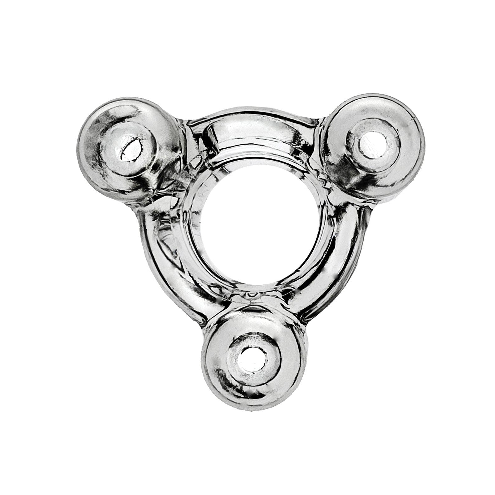 The Oxballs Heavy Squeeze Ballstretcher by Oxballs is a transparent triangular glass piece with a circular hole in the center and three rounded protrusions at each corner, reminiscent of a fidget spinner.