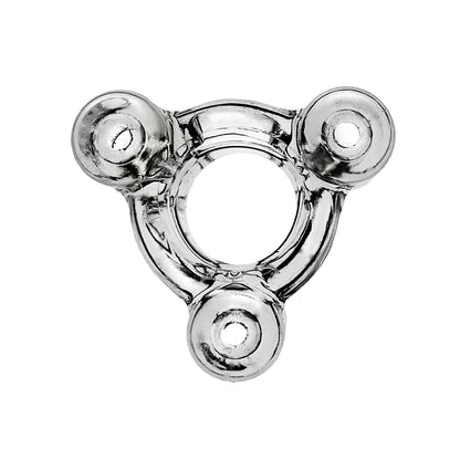 The Oxballs Heavy Squeeze Ballstretcher by Oxballs is a transparent triangular glass piece with a circular hole in the center and three rounded protrusions at each corner, reminiscent of a fidget spinner.
