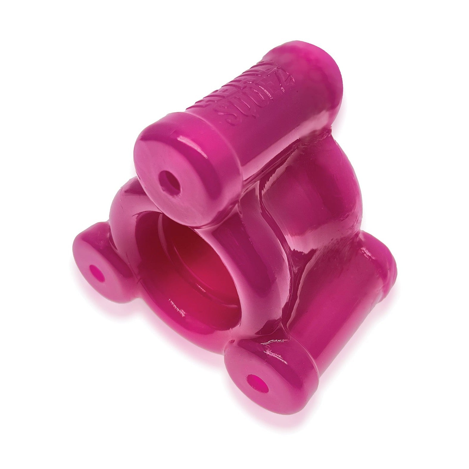The Oxballs Heavy Squeeze Ballstretcher by Oxballs is a vibrant pink, geometric-themed rubber dog toy with cylindrical shapes and a central hole. Its glossy, textured design makes it perfect for chewing or interactive play.