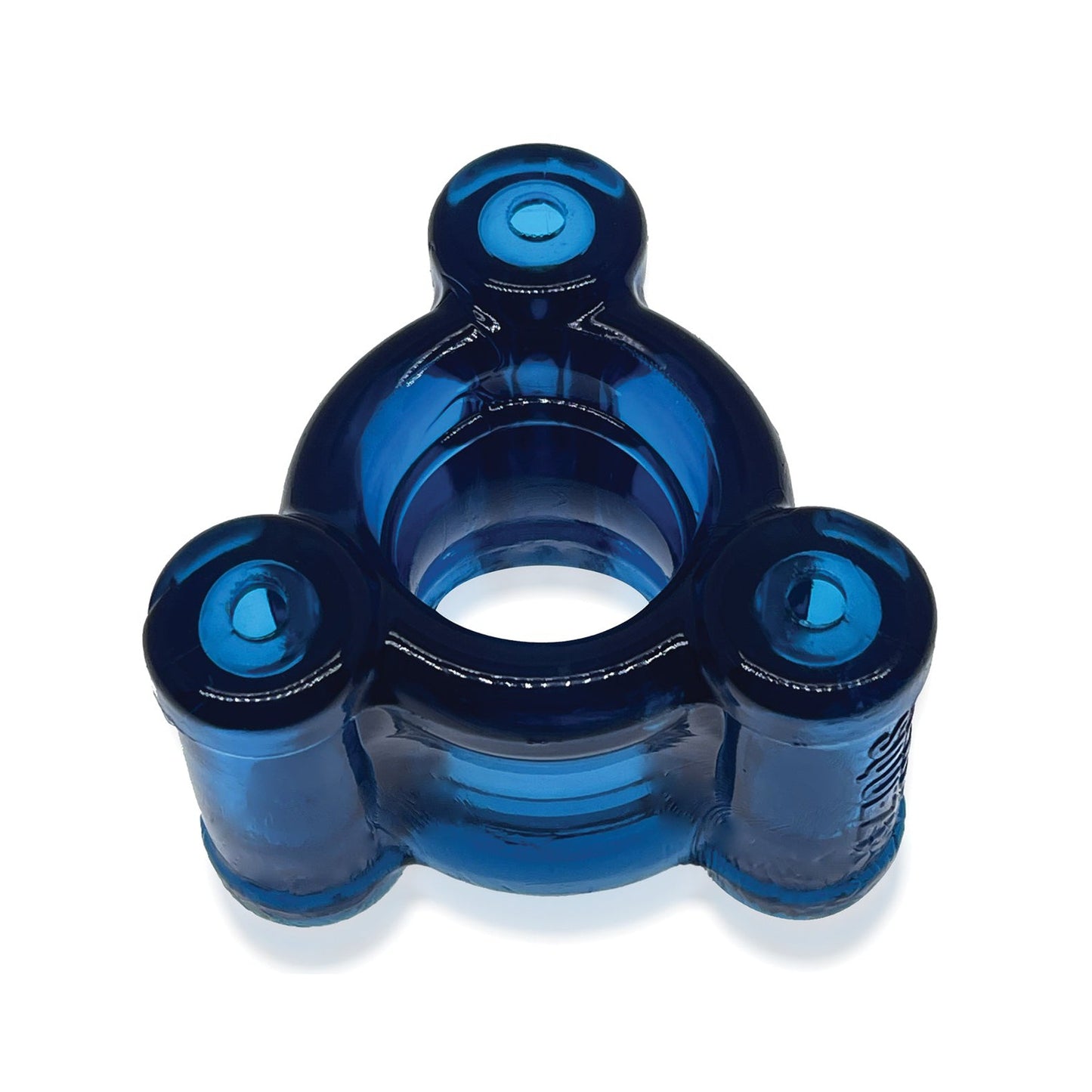 The Oxballs Heavy Squeeze Ballstretcher is a translucent blue connector with a triangular shape and circular ends, perfect for tubing or structural assembly, reminiscent of the well-balanced design of stainless steel weights.