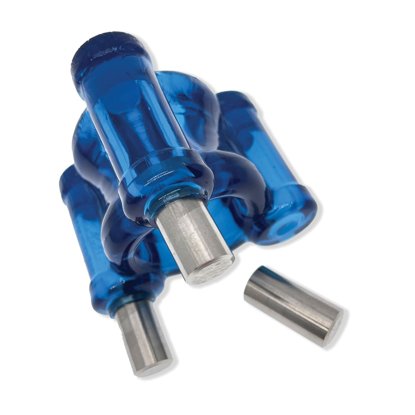 A close-up of three Oxballs Heavy Squeeze Ballstretchers, translucent blue with metallic ends, arranged in a cluster with one slightly apart, perfectly balanced like stainless steel weights.