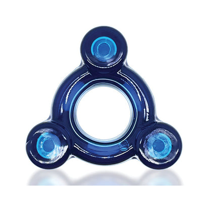 The Oxballs Heavy Squeeze Ballstretcher by Oxballs features a blue triangular design with rounded edges and three light blue circles at each corner, connected by a darker blue ring. Its glossy finish stands out against a plain white background, showcasing a perfectly balanced look.
