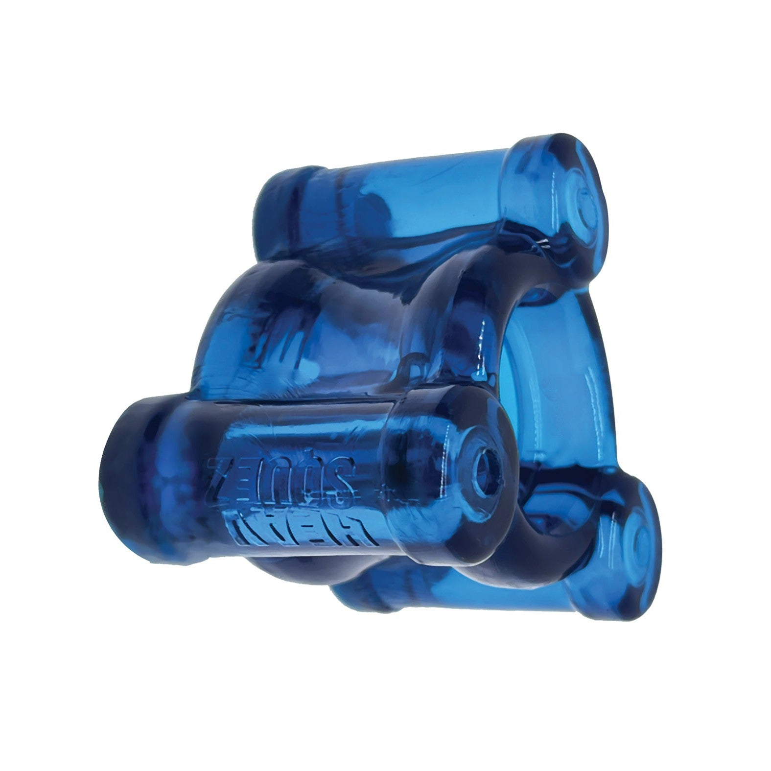 An Oxballs Heavy Squeeze Ballstretcher in blue is a cylindrical dog toy with multiple rounded ends and KONG on its side. Made of durable material, it offers a balanced design perfect for chewing and play.