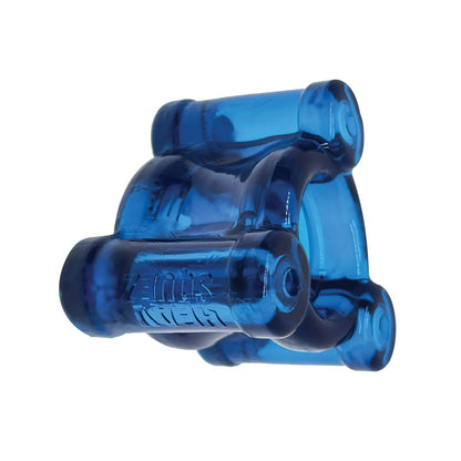 An Oxballs Heavy Squeeze Ballstretcher in blue is a cylindrical dog toy with multiple rounded ends and KONG on its side. Made of durable material, it offers a balanced design perfect for chewing and play.