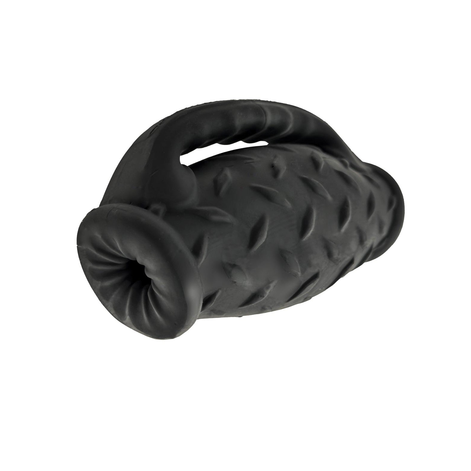The Oxballs MasterJack Double Penetration Stroker is a black, textured toy with a loop handle. Its crafted from Plus+SILICONE, featuring a diamond-patterned surface for durability and interactive enjoyment.