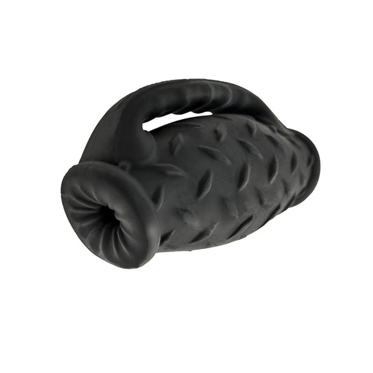 The Oxballs MasterJack Double Penetration Stroker is a black, textured toy with a loop handle. Its crafted from Plus+SILICONE, featuring a diamond-patterned surface for durability and interactive enjoyment.