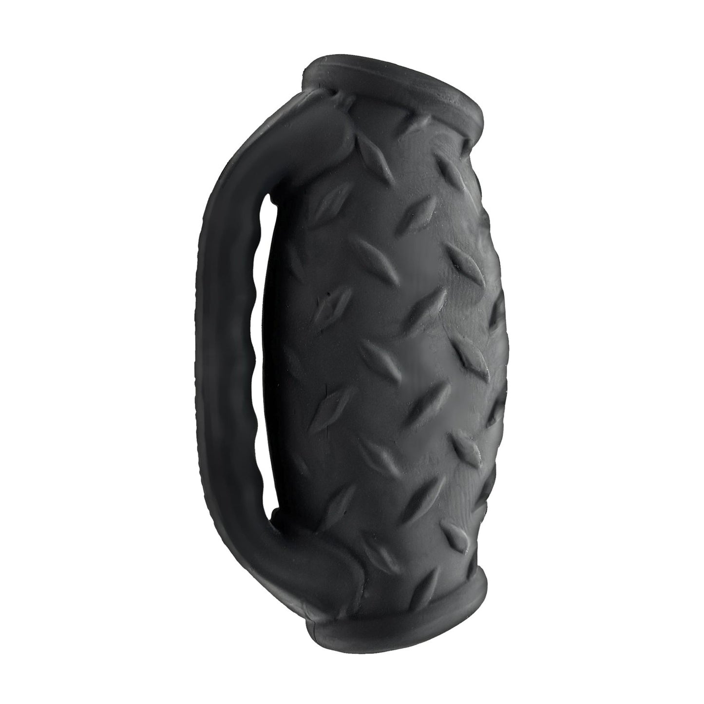 Shown against a white background, the Oxballs MasterJack Double Penetration Stroker by Oxballs features a black textured rubber grip with raised diamond patterns and a side handle, crafted from Plus+SILICONE for enhanced durability.