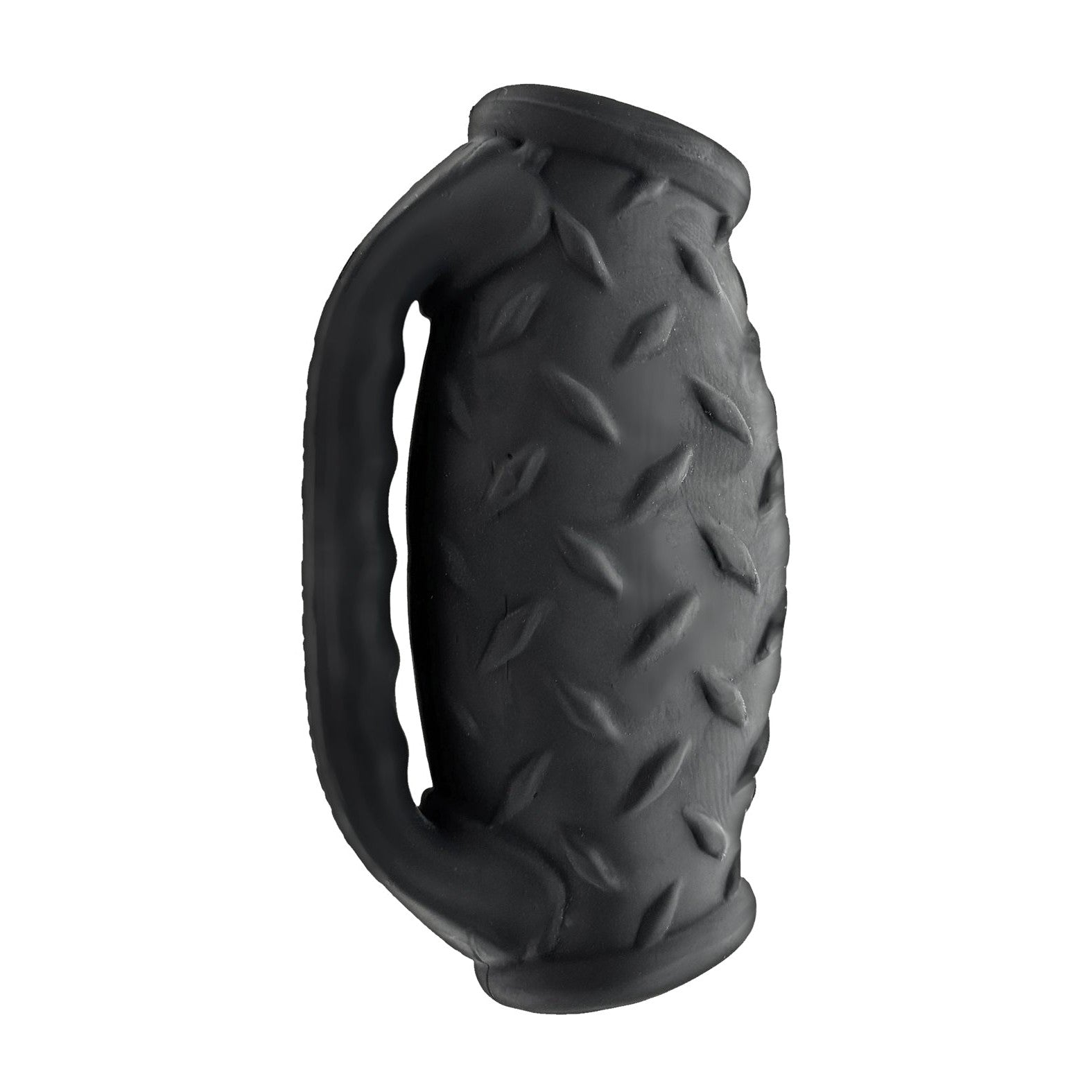 Shown against a white background, the Oxballs MasterJack Double Penetration Stroker by Oxballs features a black textured rubber grip with raised diamond patterns and a side handle, crafted from Plus+SILICONE for enhanced durability.