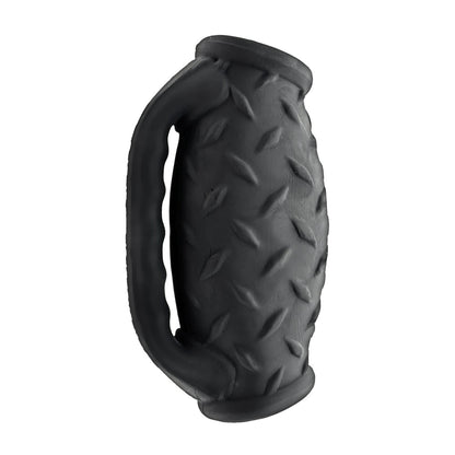 Shown against a white background, the Oxballs MasterJack Double Penetration Stroker by Oxballs features a black textured rubber grip with raised diamond patterns and a side handle, crafted from Plus+SILICONE for enhanced durability.