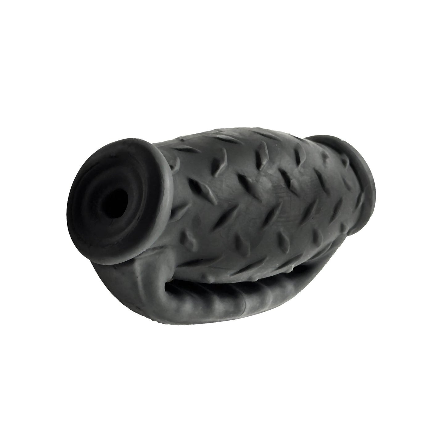 The Oxballs MasterJack Double Penetration Stroker, in a rubber gray finish, features a textured, diamond-patterned surface with hollow ends. Designed for durability and long-lasting enjoyment with Plus+SILICONE, it provides endless fun for pets.