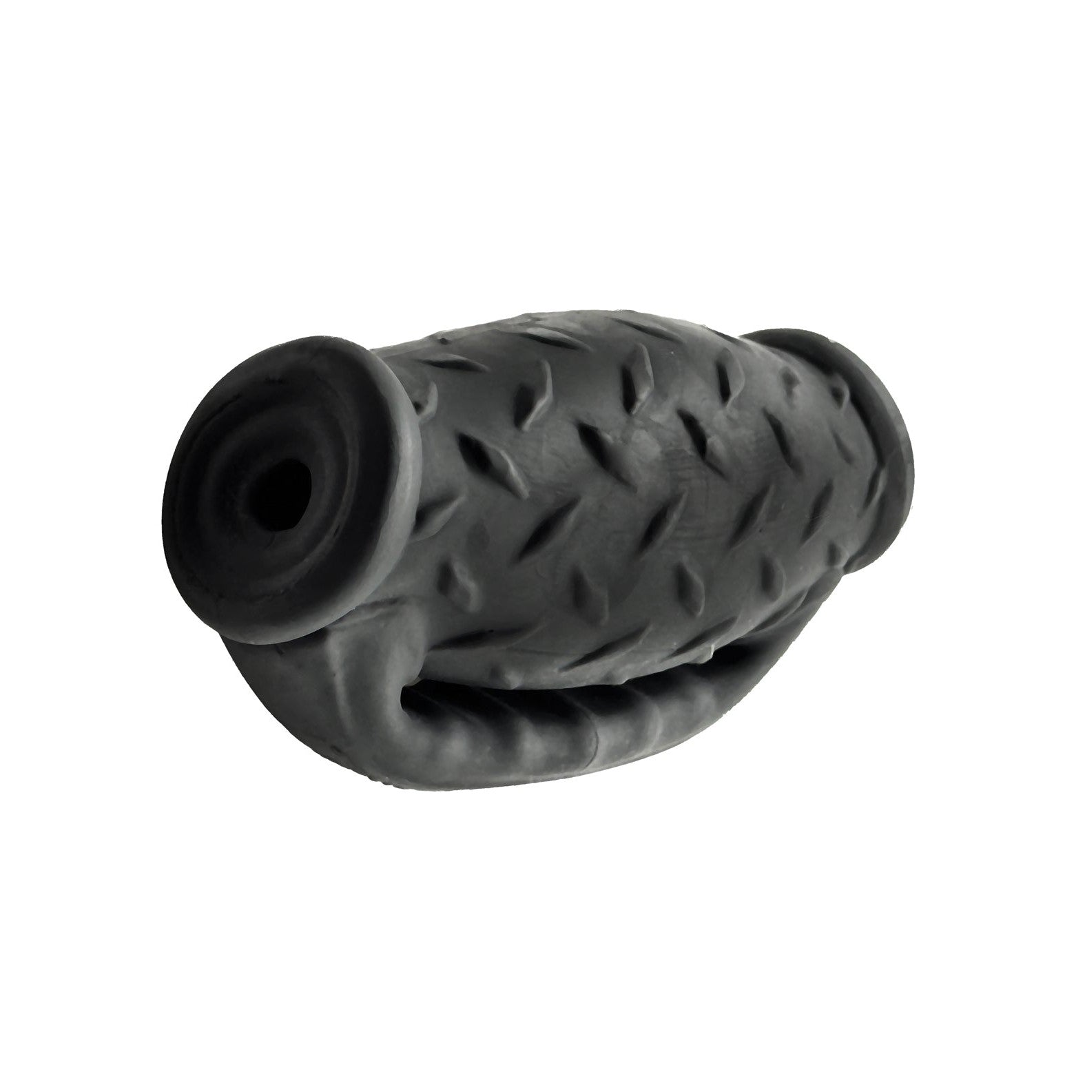 The Oxballs MasterJack Double Penetration Stroker, in a rubber gray finish, features a textured, diamond-patterned surface with hollow ends. Designed for durability and long-lasting enjoyment with Plus+SILICONE, it provides endless fun for pets.