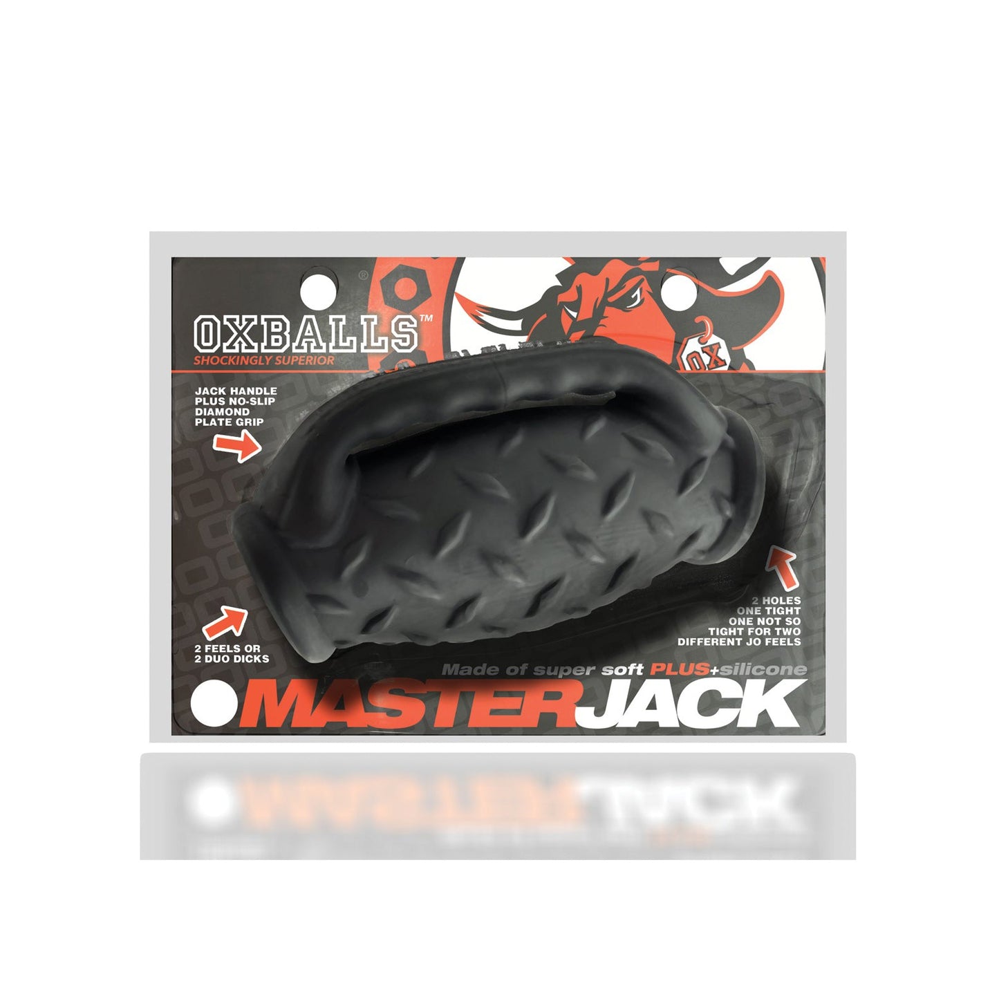 The Oxballs MasterJack Double Penetration Strokers packaging features a sleek black design with a textured silicone feel. Bold red, black, and white graphics emphasize key elements like size and material, promising Dual-Function Pleasure in every use. Crafted from Plus+SILICONE by Oxballs.