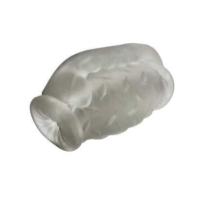 The Oxballs MasterJack Double Penetration Stroker by Oxballs is a frosted, transparent sleeve with Dual-Function Pleasure, featuring raised bumps and ridges inside, crafted from Plus+SILICONE for enhanced sensation, displayed on a plain white background.