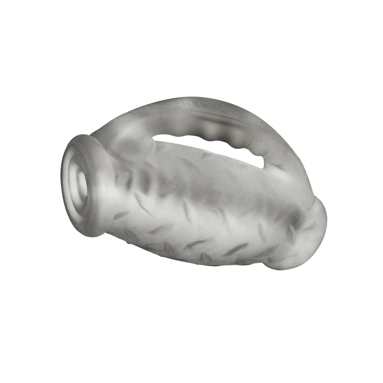 A textured, translucent ergonomic cylindrical object with a curved handle resembles a kettlebell. Featuring Plus+SILICONE and an abstract wavy pattern, it hints at dual-function pleasure and innovation. Suspended against white, its the Oxballs MasterJack Double Penetration Stroker by Oxballs.