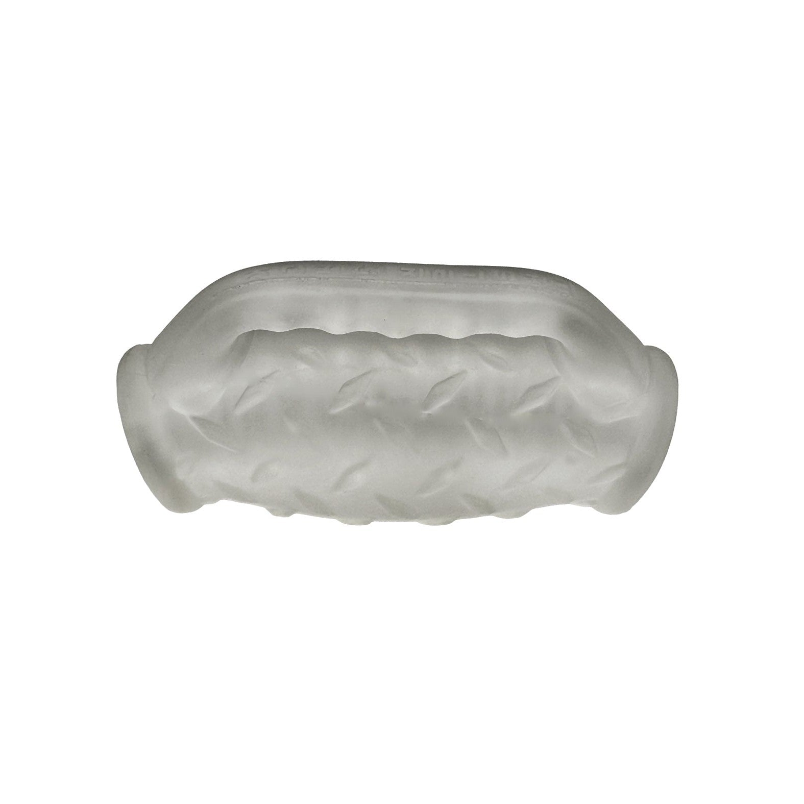 The Oxballs MasterJack Double Penetration Stroker, featuring a transparent, textured silicone sleeve with a wavy pattern and enhanced durability through Plus+SILICONE, is shown in a side view against a plain white background.