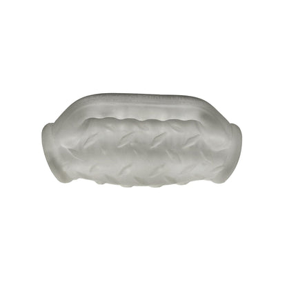 The Oxballs MasterJack Double Penetration Stroker, featuring a transparent, textured silicone sleeve with a wavy pattern and enhanced durability through Plus+SILICONE, is shown in a side view against a plain white background.