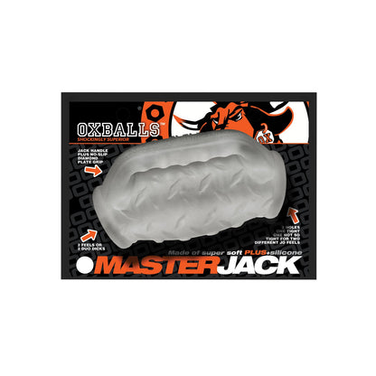 The Oxballs MasterJack Double Penetration Stroker packaging highlights a transparent textured Plus+SILICONE sleeve against bold graphics and text, showcasing its dual-function pleasure with a versatile double hole design.