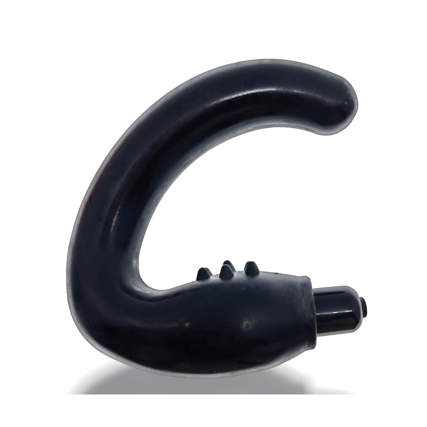The Hunky Junk Hummer Vibe Prostate Pegger by Hunky Junk is a black, curved C-shaped device made from Plus+SILICONE blend. It has a smooth surface, three raised buttons on top, and features a rounded tip with a bullet-shaped end on a white background.
