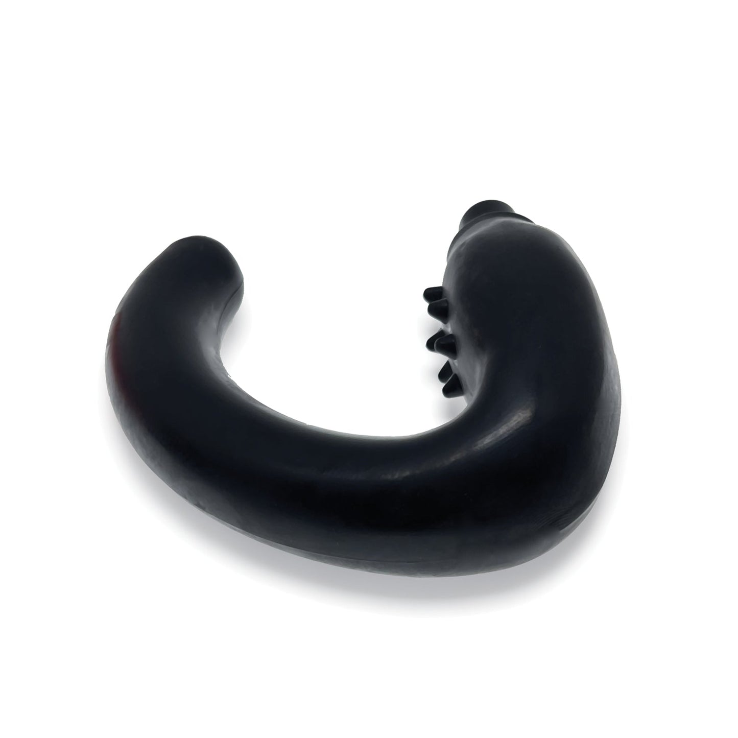 The Hunky Junk Hummer Vibe Prostate Pegger, with its black curved design made from Plus+SILICONE blend, features a smooth surface and small protrusions on one side, positioned against a plain white background.