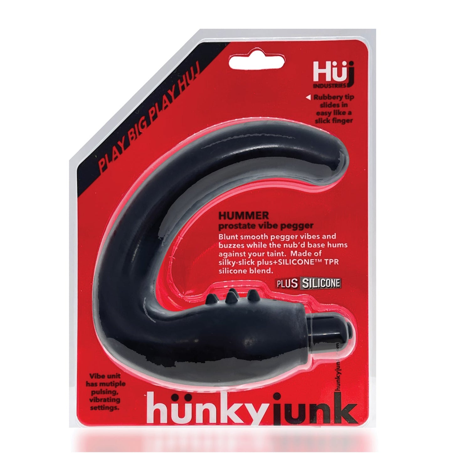 The Hunky Junk Hummer Vibe Prostate Pegger features striking red packaging, ergonomic design, and versatile vibrations. Made with a Plus+SILICONE blend, it embodies the adventurous Play Big Play Huj spirit.