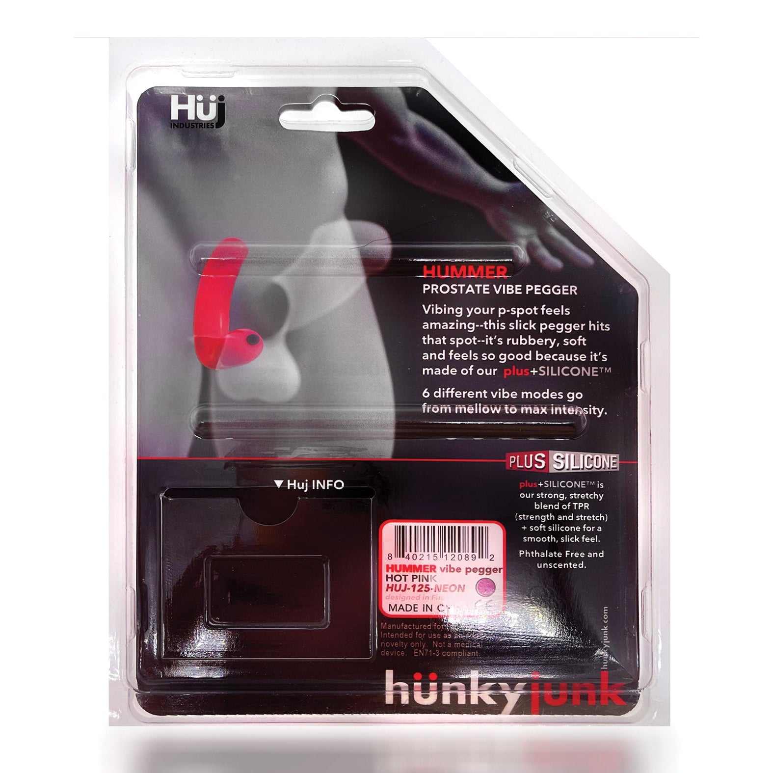 The Hunky Junk Hummer Vibe Prostate Pegger is displayed in vibrant red within clear packaging, highlighting its versatile vibration modes and superior Plus+SILICONE blend for quality benefits.