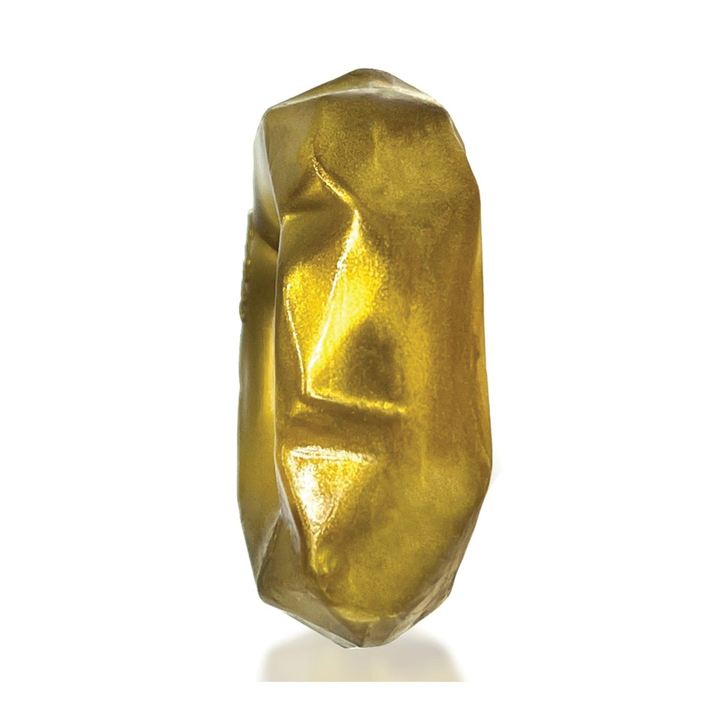 The Hunky Junk Fractal Cockring by Hunky Junk, with its golden, irregular shape featuring a smooth, reflective surface and sharp angular facets, beautifully evokes fractal artistry against a white background.