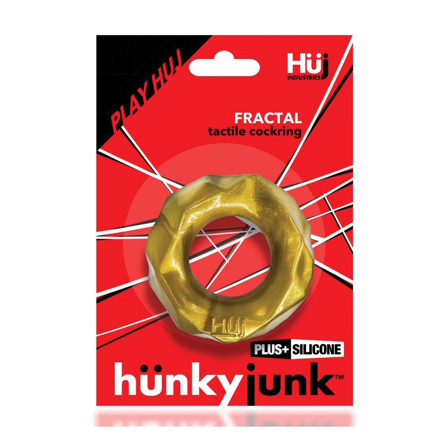 The Hunky Junk Fractal Cockrings packaging captivates with a red and black design featuring a gold ring and showcases the Plus+SILICONE material, along with the prominent Hunky Junk logo, offering a stylish and sophisticated appeal.