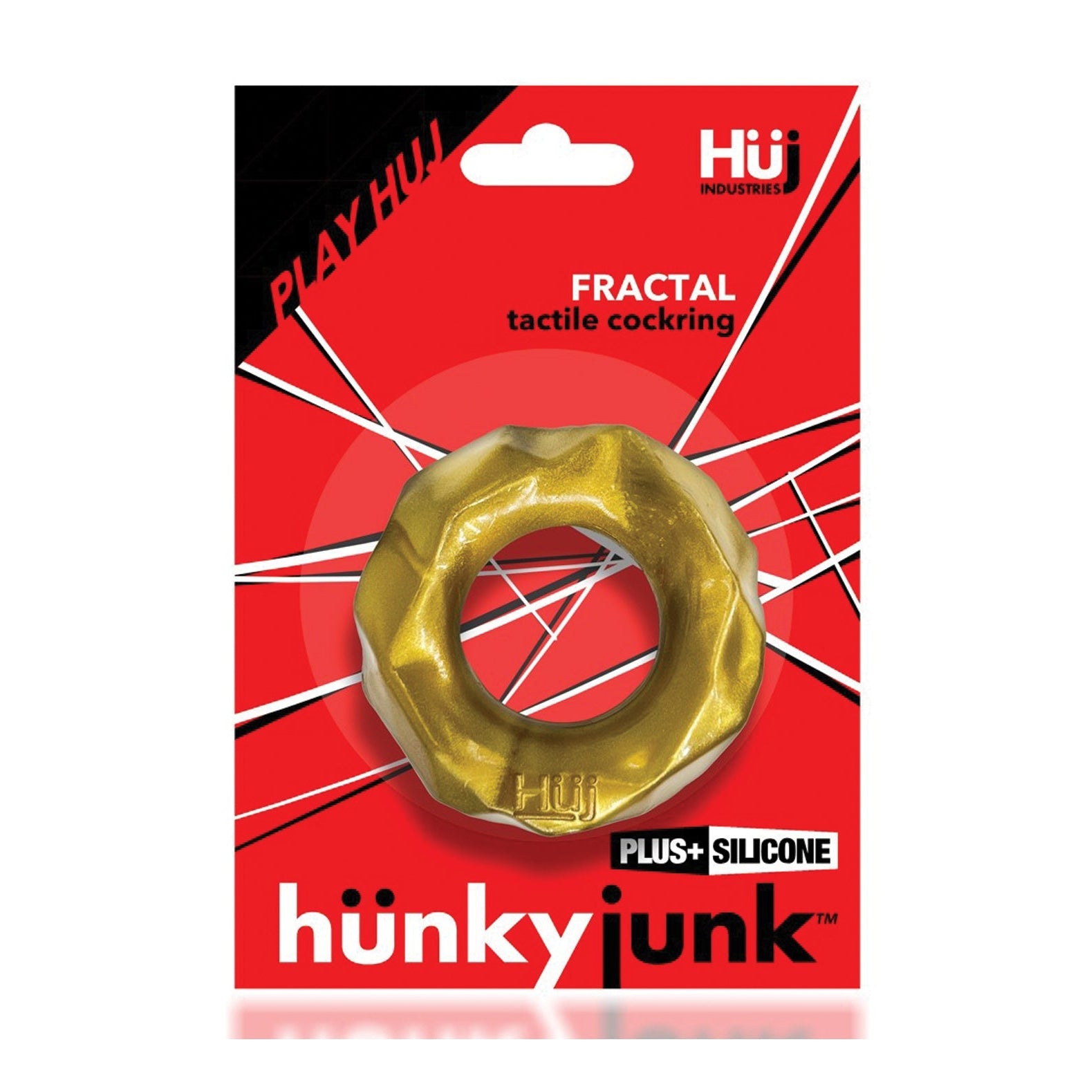 The Hunky Junk Fractal Cockrings packaging captivates with a red and black design featuring a gold ring and showcases the Plus+SILICONE material, along with the prominent Hunky Junk logo, offering a stylish and sophisticated appeal.