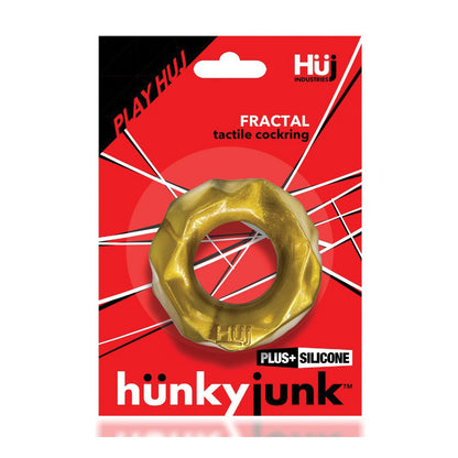 The Hunky Junk Fractal Cockrings packaging captivates with a red and black design featuring a gold ring and showcases the Plus+SILICONE material, along with the prominent Hunky Junk logo, offering a stylish and sophisticated appeal.