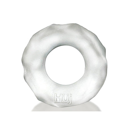 The Hunky Junk Fractal Cockring is a white, round doughnut-shaped object with a textured edge made from Plus+SILICONE. It has Hüj embossed on the smooth surface and an open circular design.