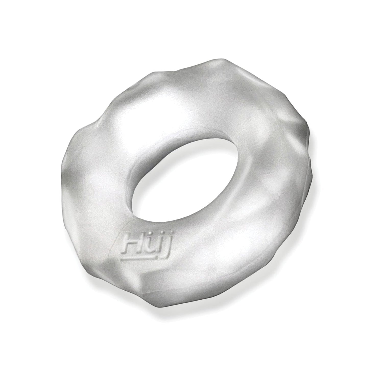 The Hunky Junk Fractal Cockring, by Hunky Junk, is round and silver metallic with an irregular wavy edge and hollow center. It has a matte finish with HUJ embossed on one side, emphasizing its unique design.