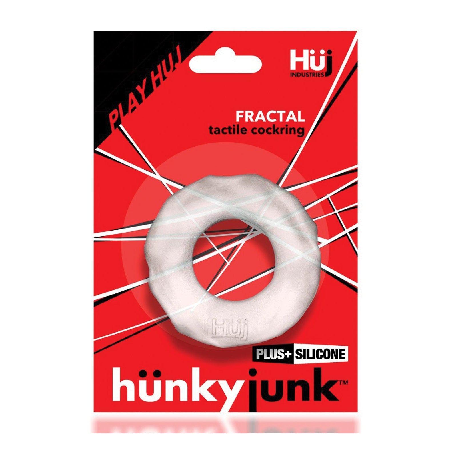 The Hunky Junk Fractal Cockring packaging features a striking modern design with geometric white and black lines on a red background, boldly labeled PLAY HÜJ and Plus+SILICONE, capturing attention with its contemporary aesthetic.