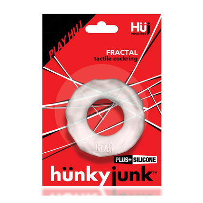 The Hunky Junk Fractal Cockring packaging features a striking modern design with geometric white and black lines on a red background, boldly labeled PLAY HÜJ and Plus+SILICONE, capturing attention with its contemporary aesthetic.