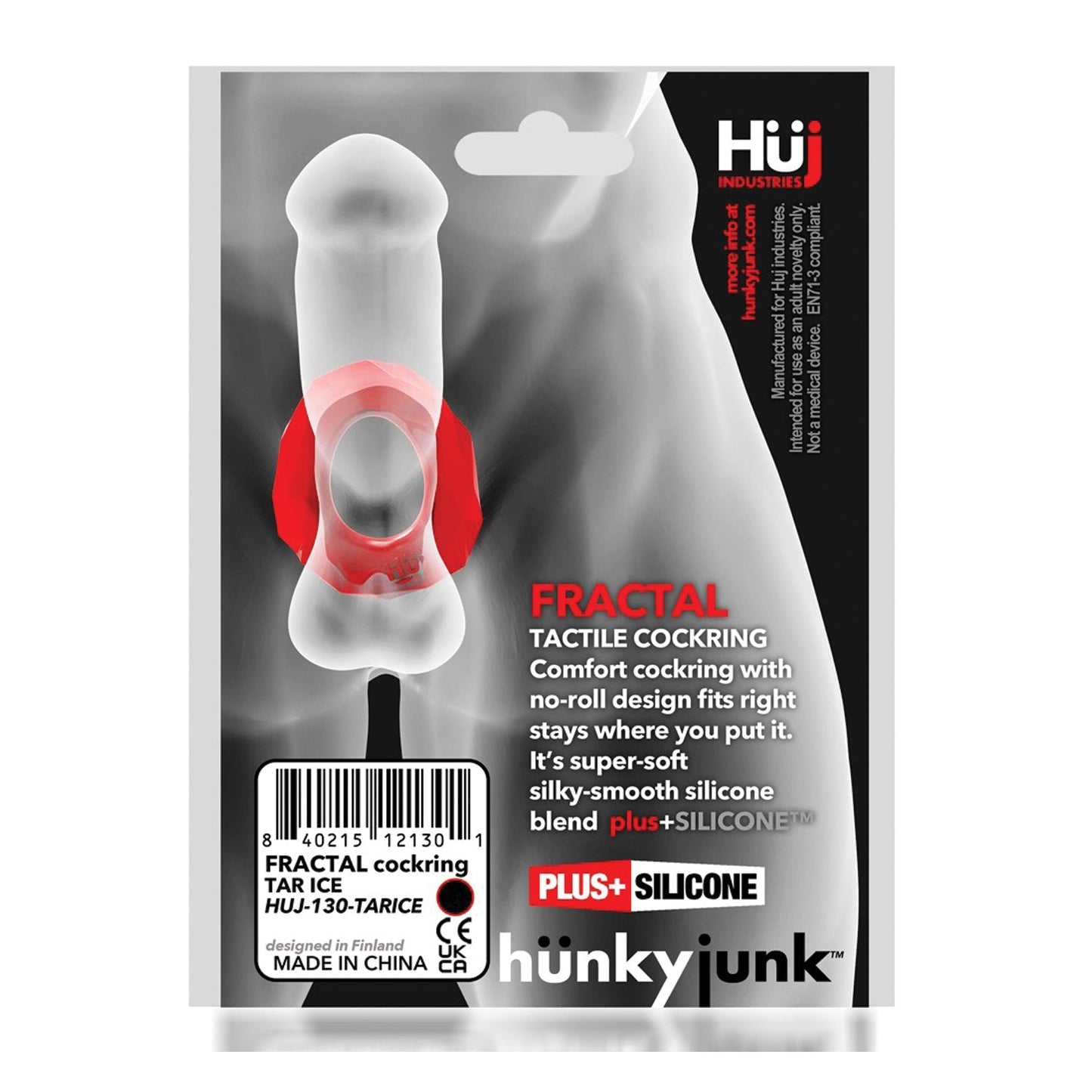 The image shows Hunky Junk Fractal Cockring packaging by Hunky Junk. Made from Plus+SILICONE, it features a no-roll design for comfort. The package highlights its premium materials and ergonomic design. Designed in Finland and manufactured in China, it is portrayed as a quality choice.
