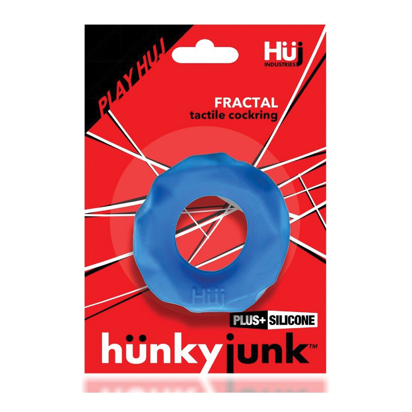 The eye-catching packaging of the Hunky Junk Fractal Cockring presents a bold red design with black and white accents, spotlighting the premium Plus+SILICONE material by Hunky Junk for superior comfort and durability.