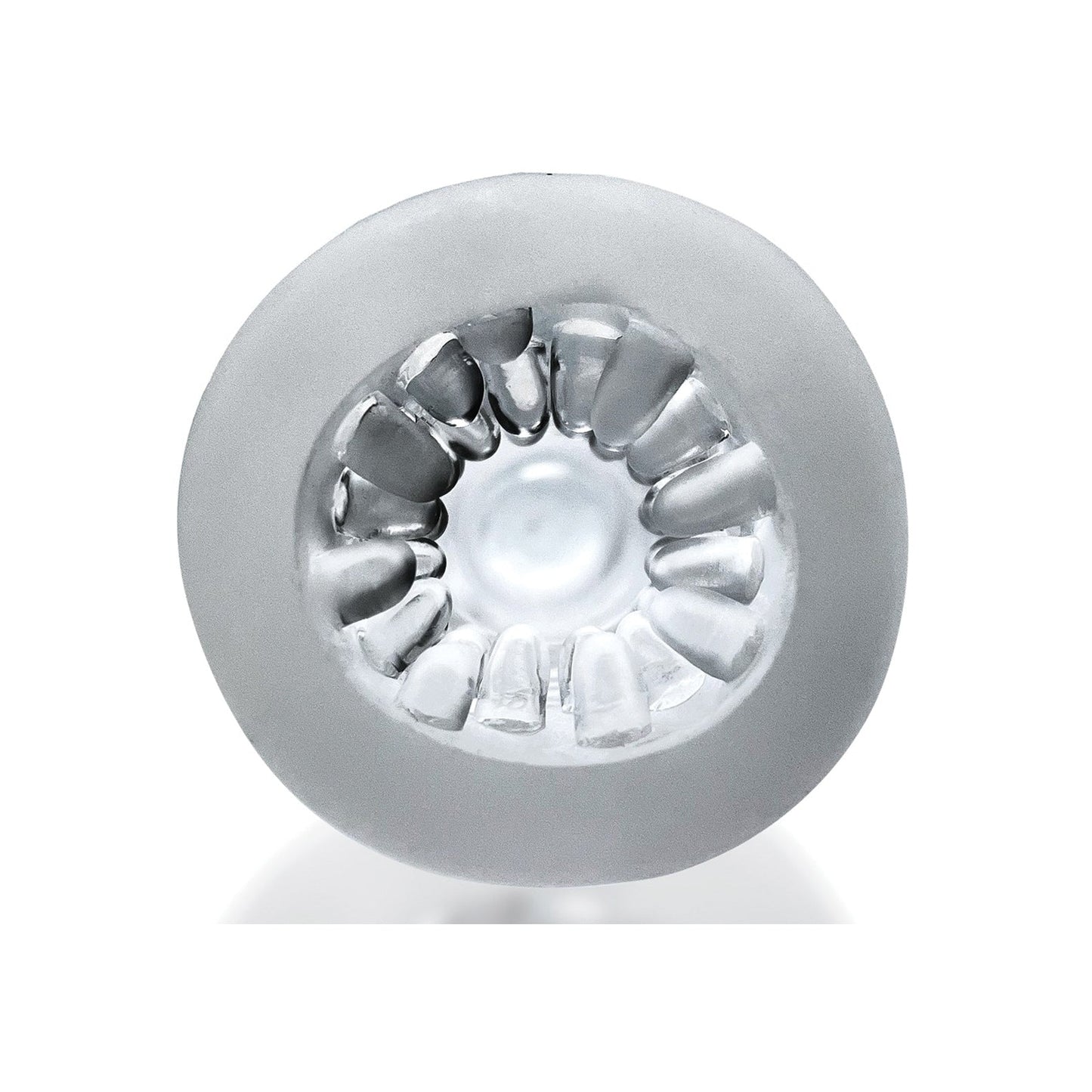 Close-up of the Hunky Junk Jack T Stroker by Hunky Junk with a circular design, frosted cover, and visible internal components, viewed from above, highlighting its symmetry and enhanced texture adventure.