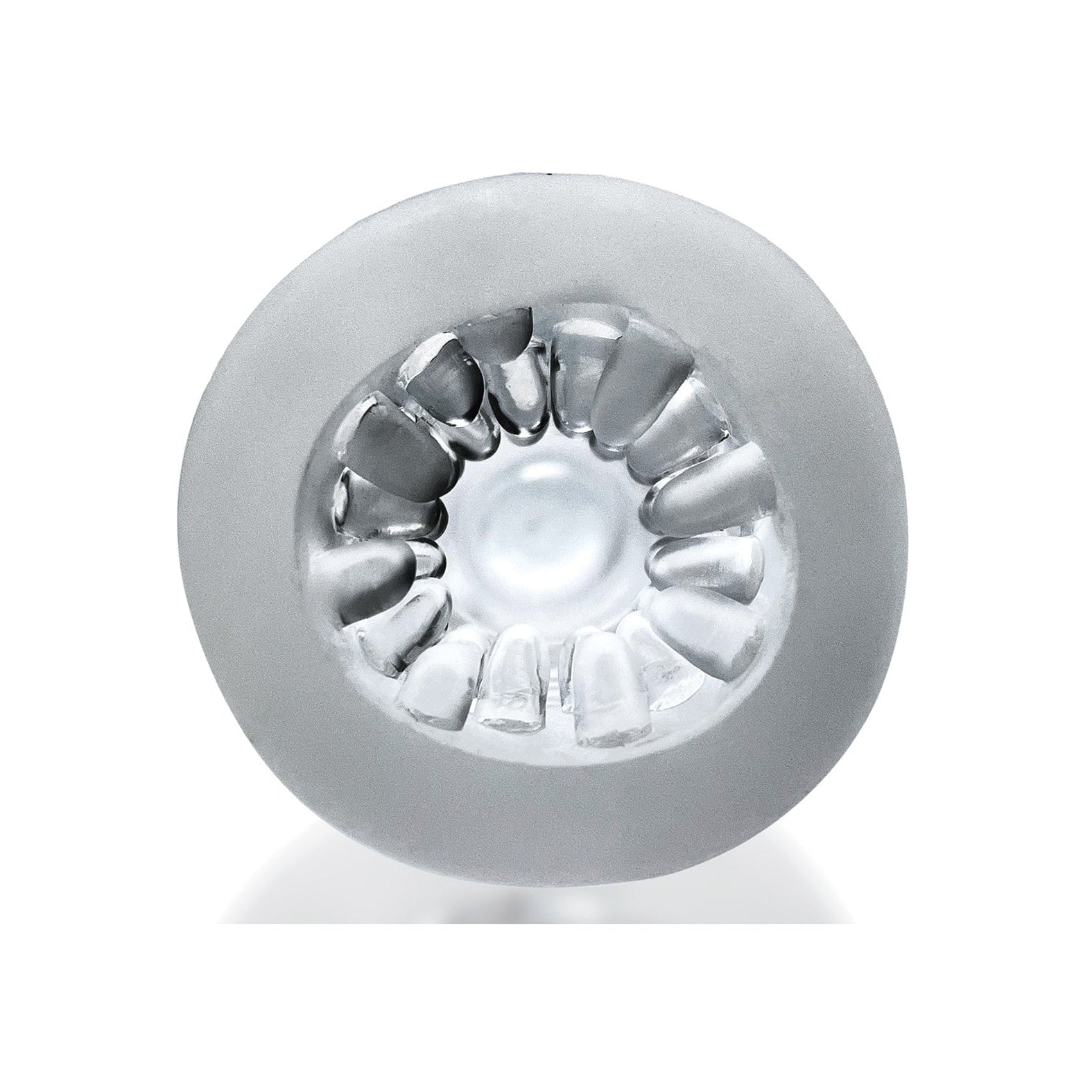 Close-up of the Hunky Junk Jack T Stroker by Hunky Junk with a circular design, frosted cover, and visible internal components, viewed from above, highlighting its symmetry and enhanced texture adventure.