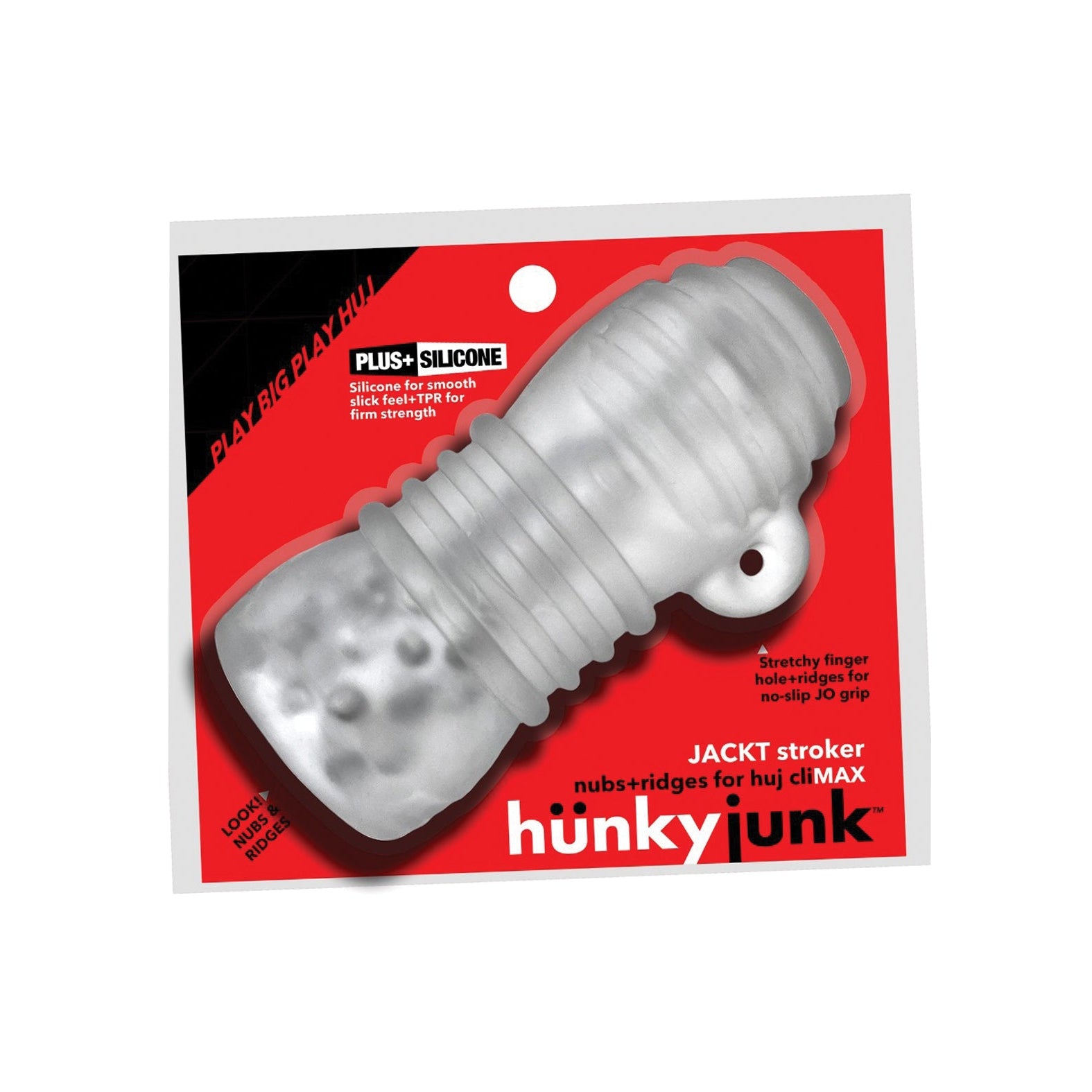 Close-up of the Hunky Junk Jack T Stroker packaging, featuring a see-through Plus+SILICONE toy. The package emphasizes its textured adventure with stretchy finger holes, nubs, and ridges for a firm grip on a vibrant red background with black accents.