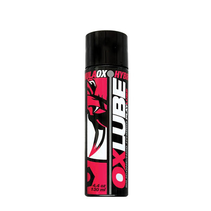 A 4.4 oz black can of Oxballs OXLube Formula features a red and white label with a stylized bull graphic, showcasing its hybrid slickness. Made in the USA, it exemplifies quality and innovation.