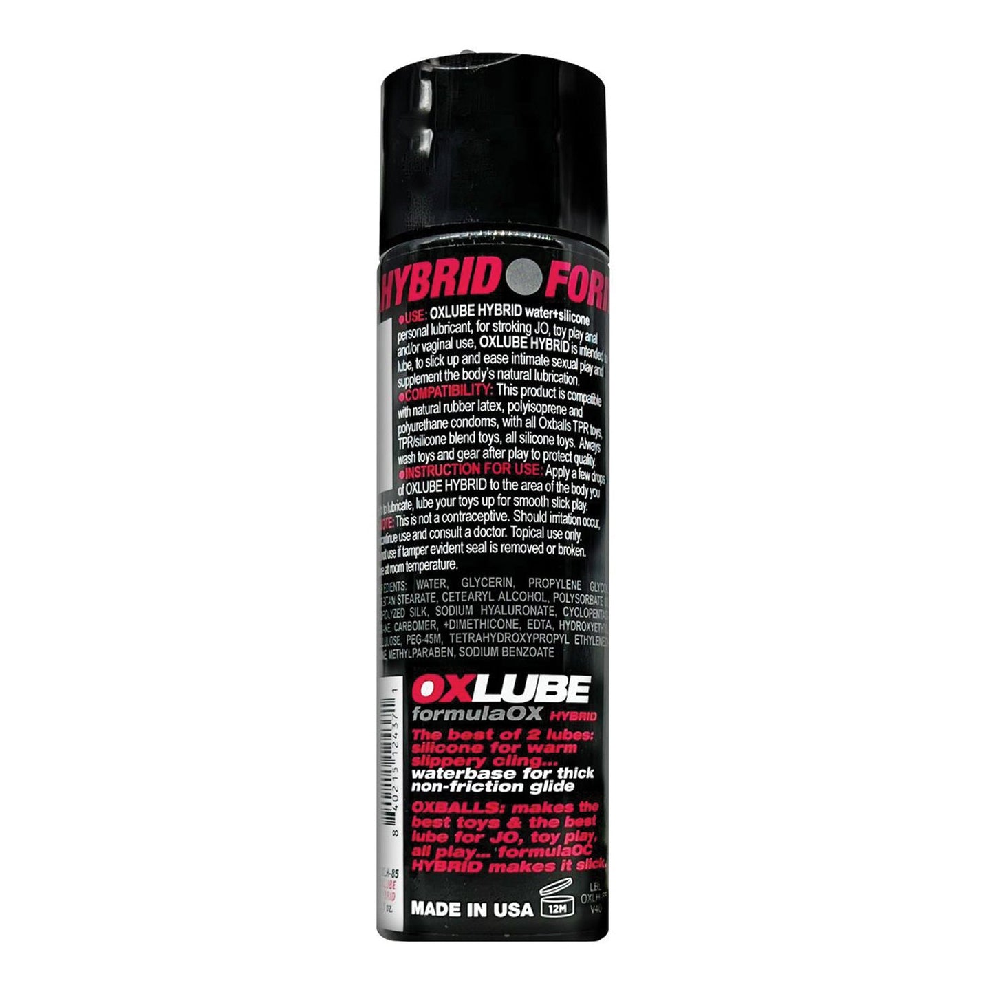 A sleek black can labeled Hybrid Formula displays white and pink text with product details. The bottom section highlights Oxylube, showcasing Ox Balls OXLube Formula by Oxballs for ultimate slickness. Proudly made in the USA is noted at the bottom.