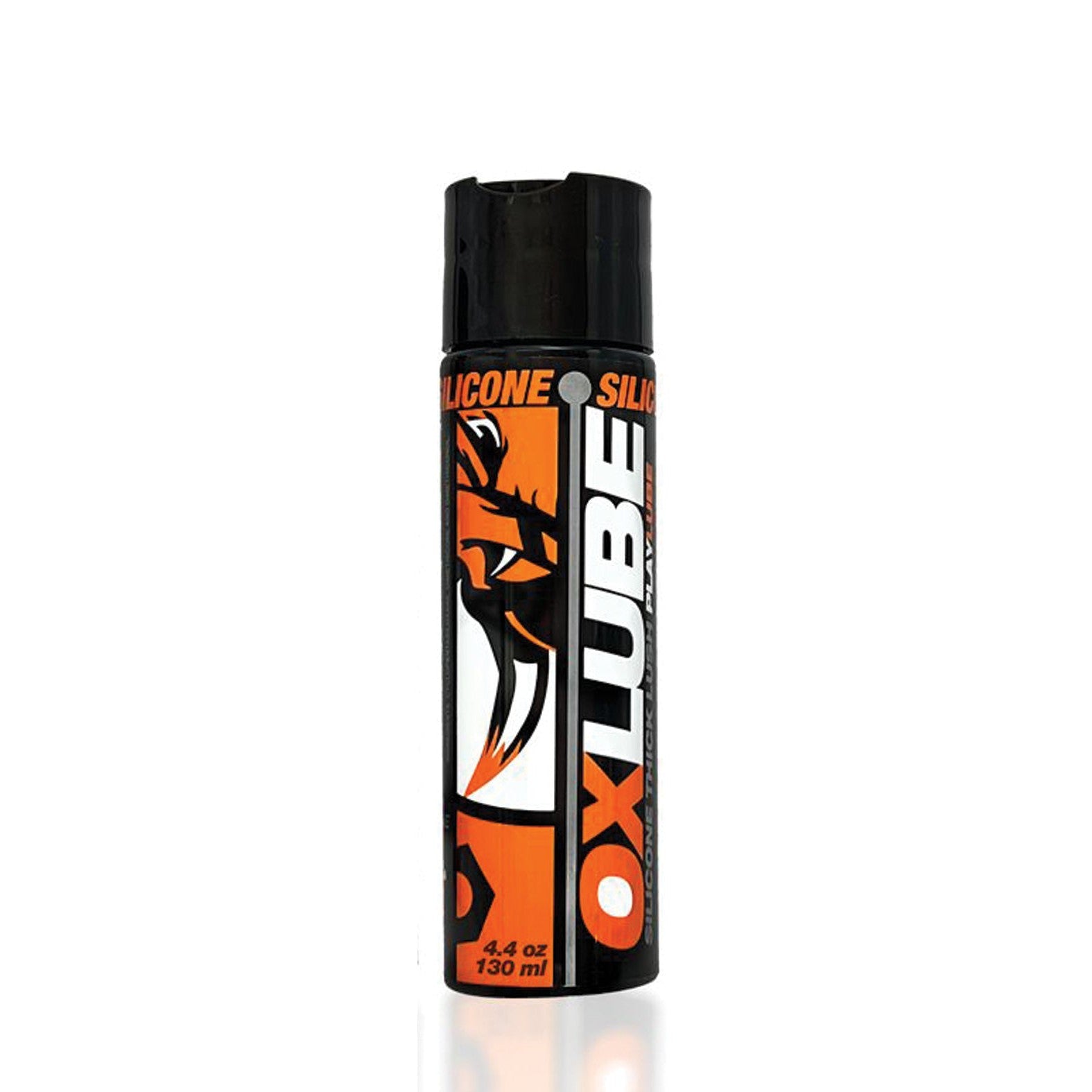 The Oxballs OXLube Thick Silicone comes in a 4.4 oz (130 ml) bottle with a black cap and an orange, silver, and black label featuring a stylized animal face, blending sleek design with top-notch performance for the best lubrication experience.