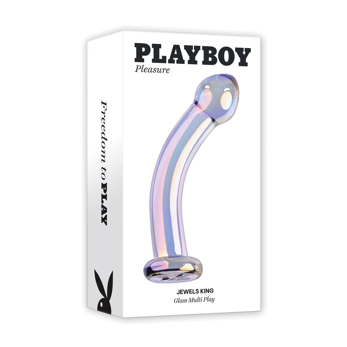 The image features packaging for the Playboy Pleasure Jewels King Dildo. The box displays the elegant design of an iridescent, curved glass item with two holes for G-Spot stimulation. The Playboy bunny logo and Freedom to Play slogan are on the side.