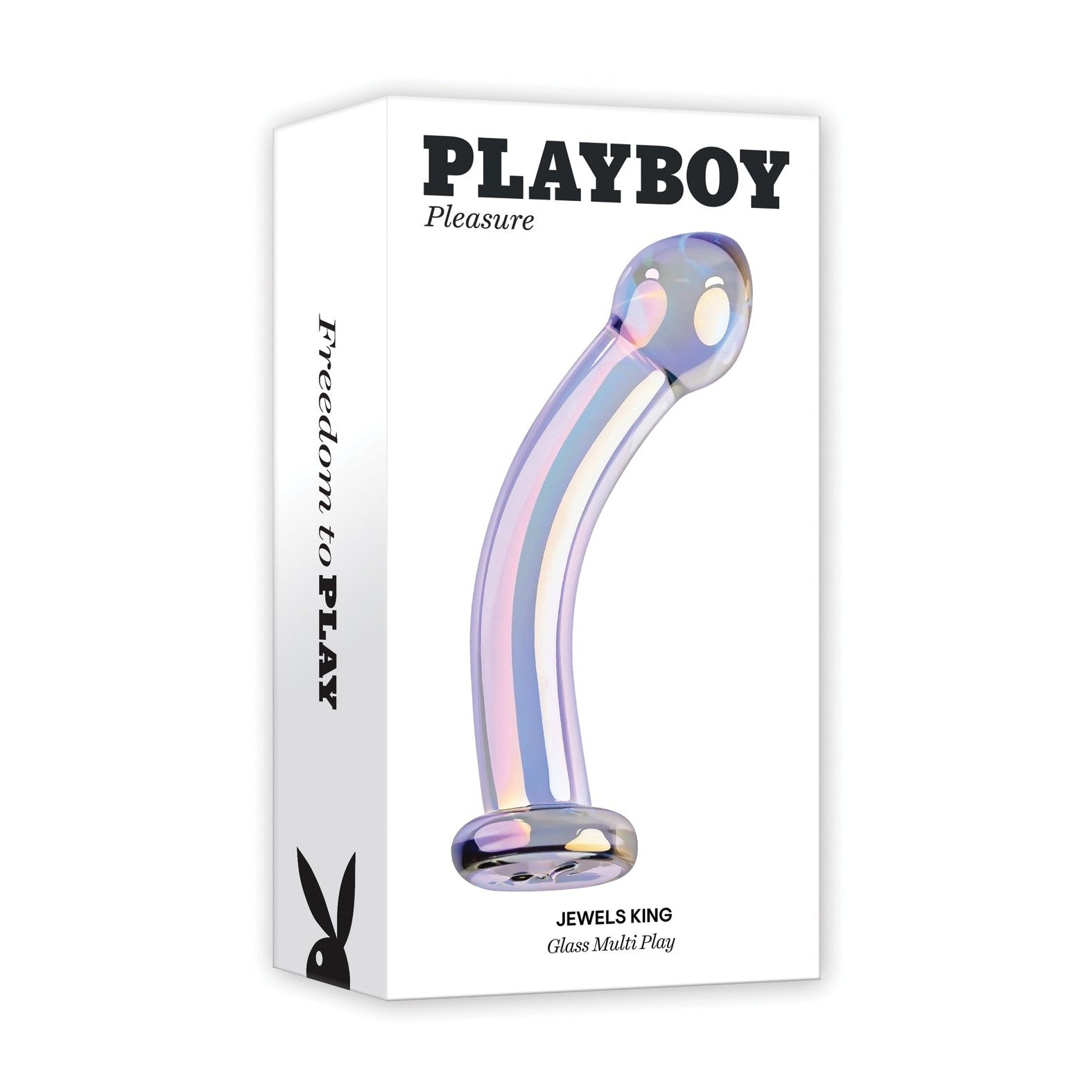 The image features packaging for the Playboy Pleasure Jewels King Dildo. The box displays the elegant design of an iridescent, curved glass item with two holes for G-Spot stimulation. The Playboy bunny logo and Freedom to Play slogan are on the side.