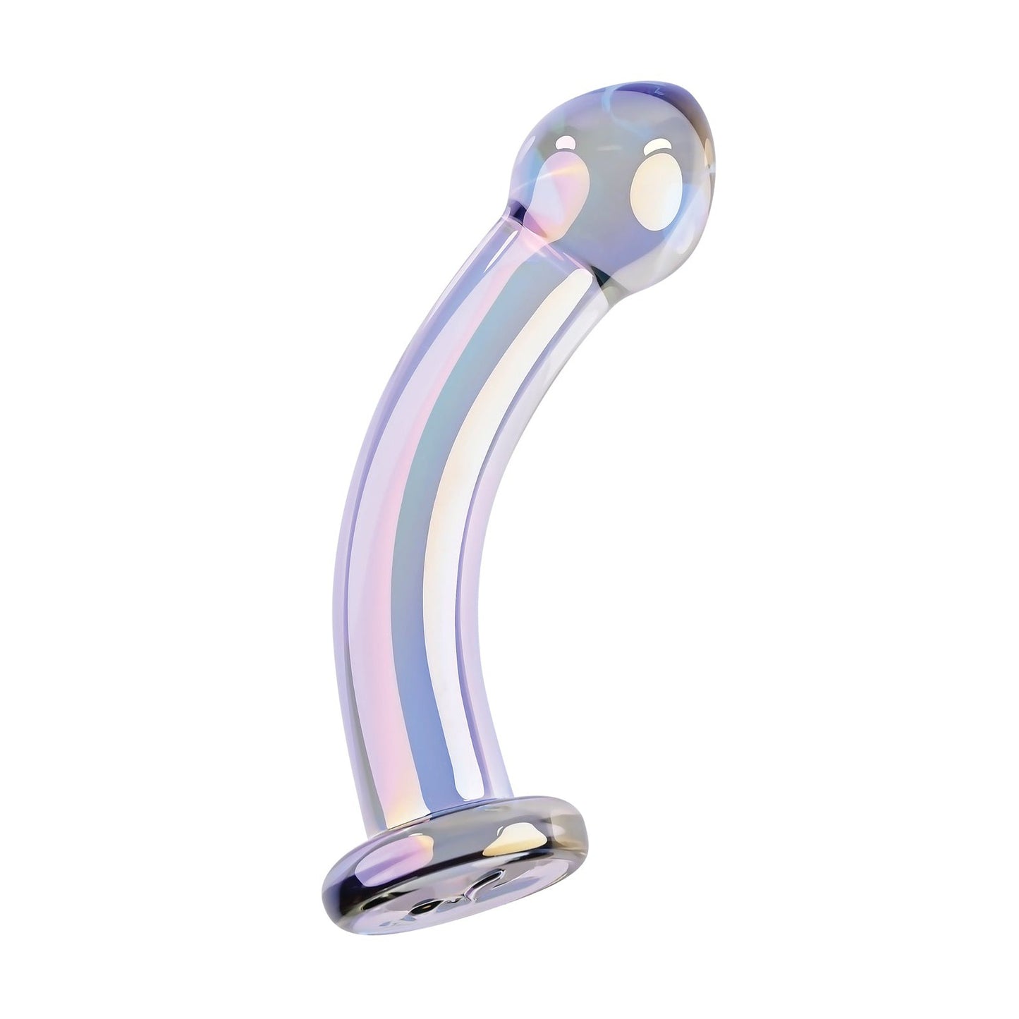 The Playboy Pleasure Jewels King Dildo by Playboy is a translucent glass object with pastel rainbow stripes, featuring a majestic design. It has a rounded top and flared base, showcasing a smooth and glossy surface reminiscent of exquisite creations.